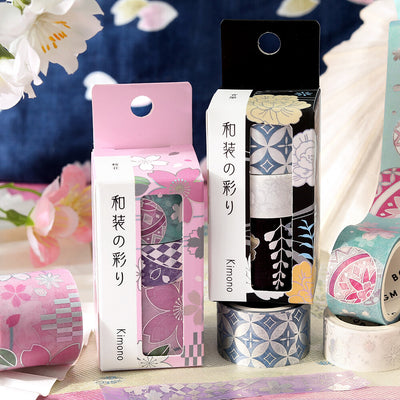 Decorative tape with floral designs and 'Kimono' text on a floral background