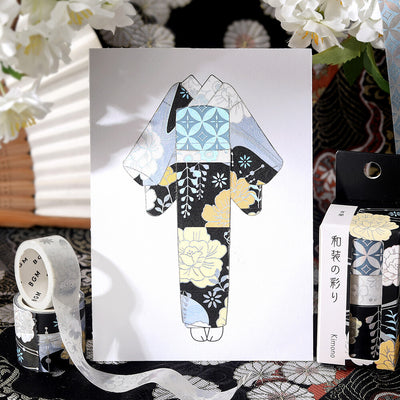 Decorative tape with kimono design on a white card, surrounded by flowers and packaging.