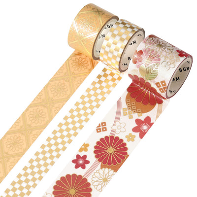Three rolls of decorative tape with floral and geometric patterns on a white background