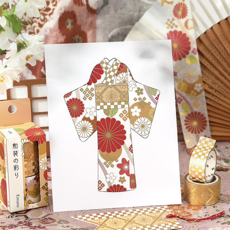 Decorative washi tape with kimono design on a white card, surrounded by floral and traditional Japanese elements.