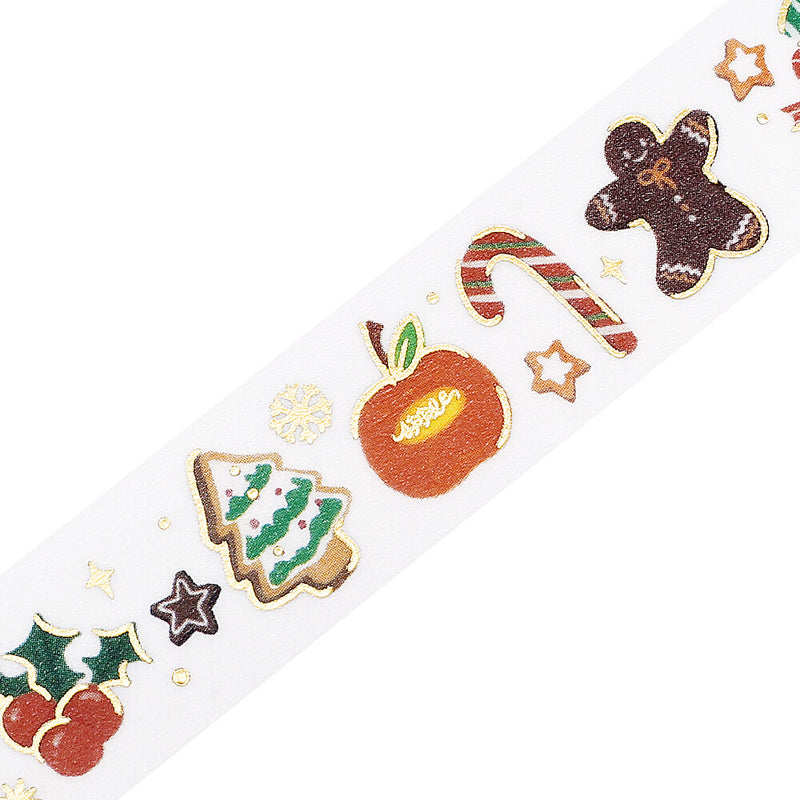 Christmas-themed washi tape with gingerbread men, candy canes, and holly leaves on a white background.