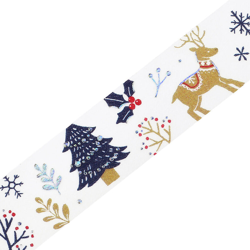 Decorative tape with reindeer, holly, and snowflake patterns on a white background