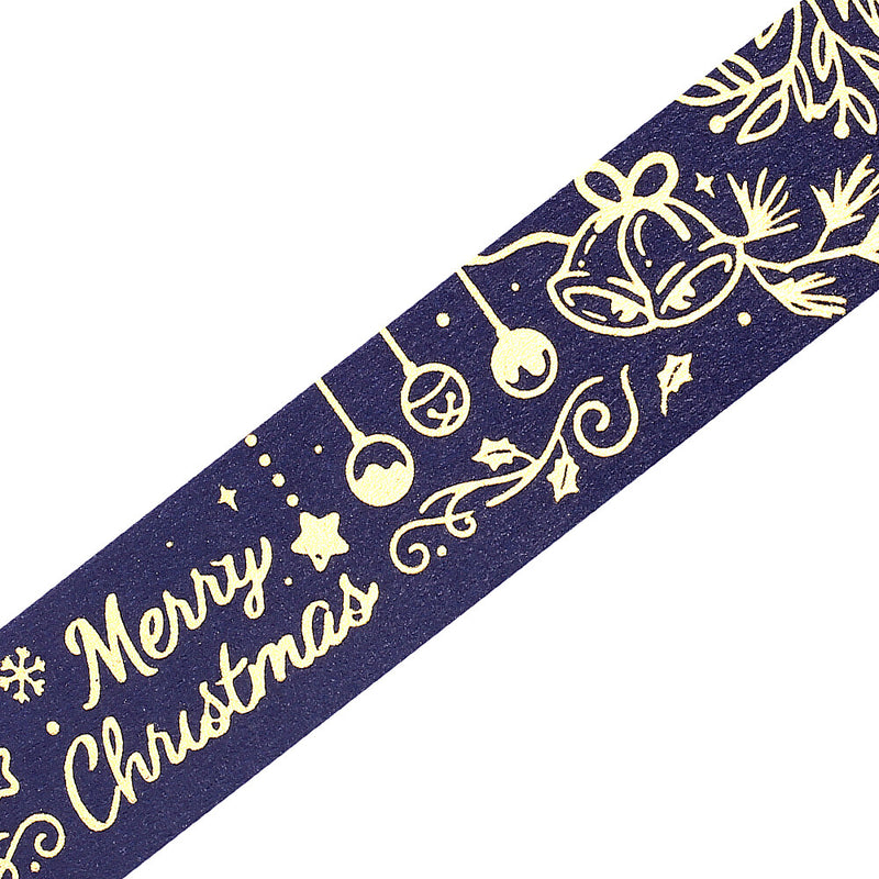 Navy blue washi tape with gold Christmas-themed decorations and &