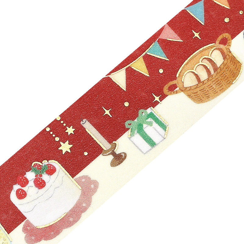 Decorative tape with festive illustrations including a cake, gift, and basket on a red background.