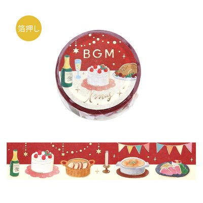 Decorative tape with illustrations of a cake, bottles, and other items on a red background.