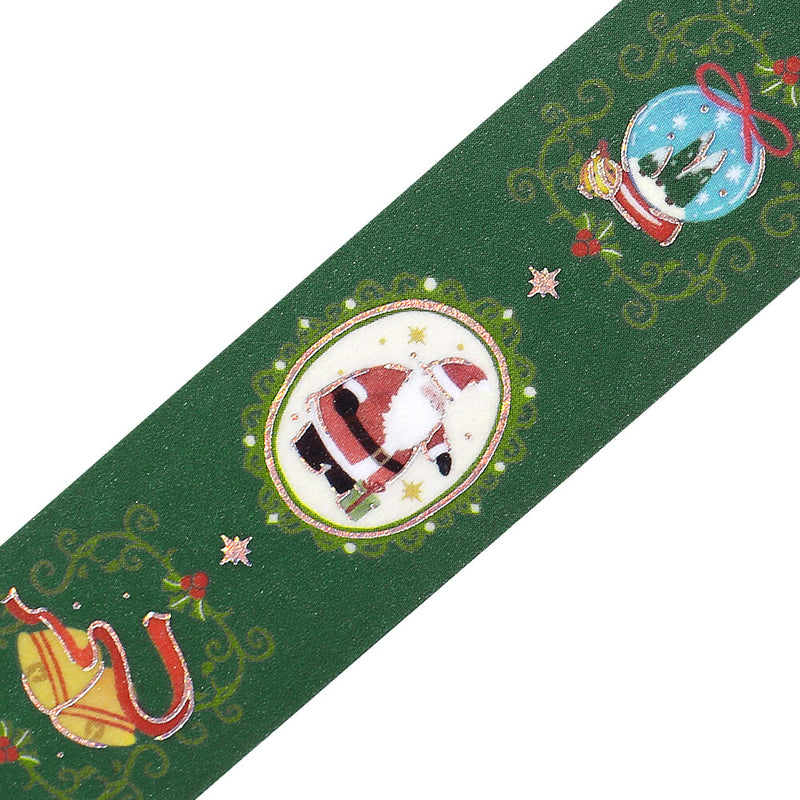 Decorative green tape with Christmas-themed designs on a white background