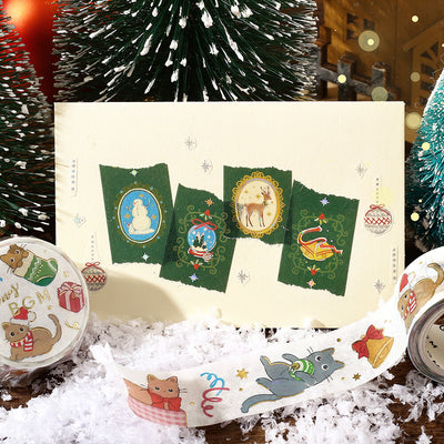 Decorative paper with festive designs and ribbons on a Christmas-themed background