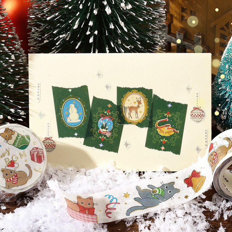 Decorative paper with festive designs and ribbons on a Christmas-themed background