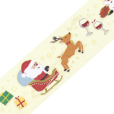 Decorative paper with Santa Claus, reindeer, and wine glasses on a white background