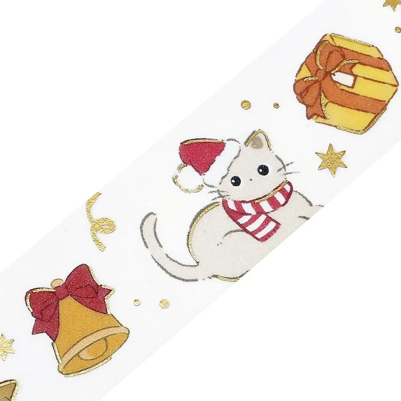 Illustration of a cat wearing a Santa hat and scarf with Christmas elements on a white background.