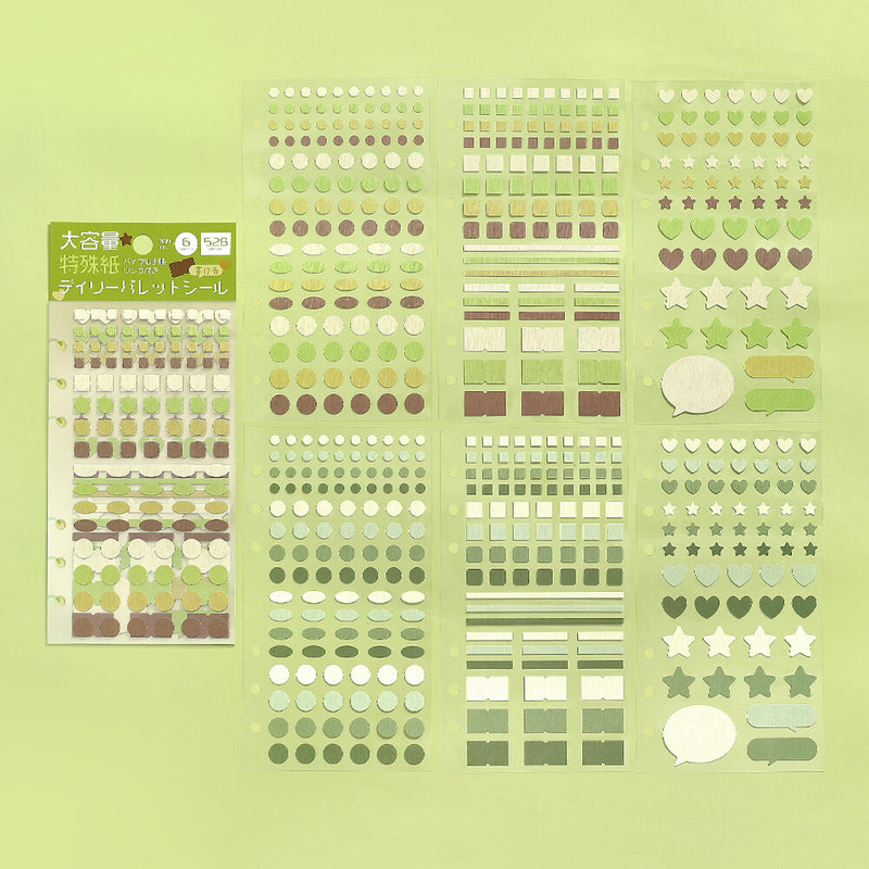 Collection of green decorative stickers on a green background