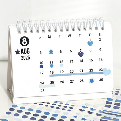 Calendar showing August 2025 with decorative elements on a white background