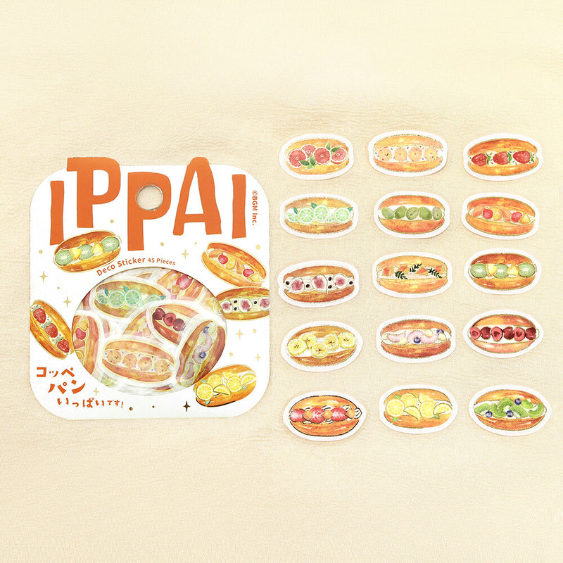 IPPAI sticker flakes with illustrations of sandwiches on a beige background