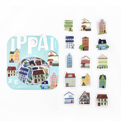 Set of colorful house-shaped stickers with a IPPAI label on a white background.