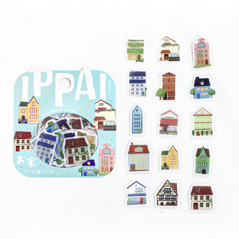 Set of colorful house-shaped stickers with a IPPAI label on a white background.