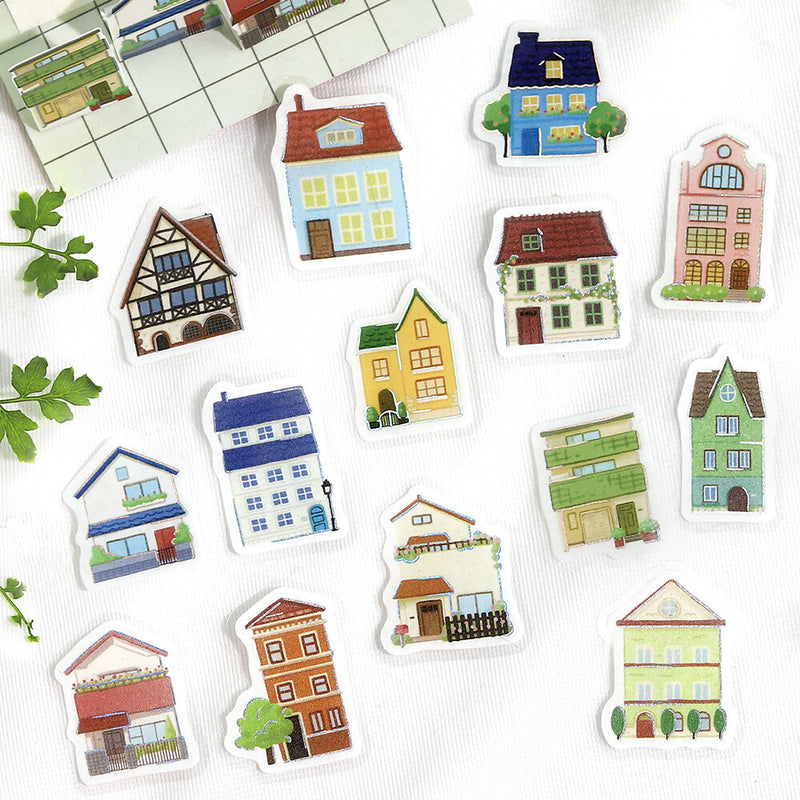 Stickers of colorful houses on a white background