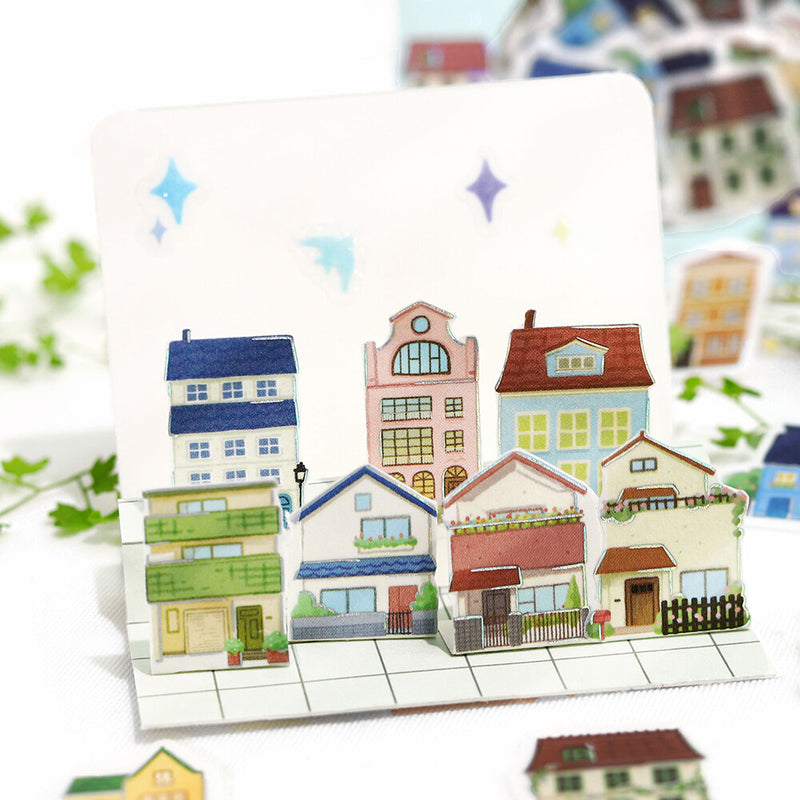 Set of colorful house-shaped stickers on a white background