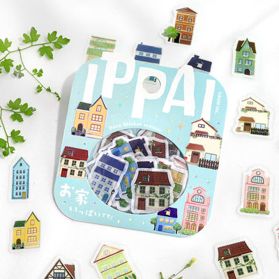 Set of colorful house-shaped stickers with a packaging box labeled 'IPPAI'.