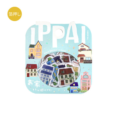 Pack of house-shaped stickers with 'IPPAI' branding on a blue background