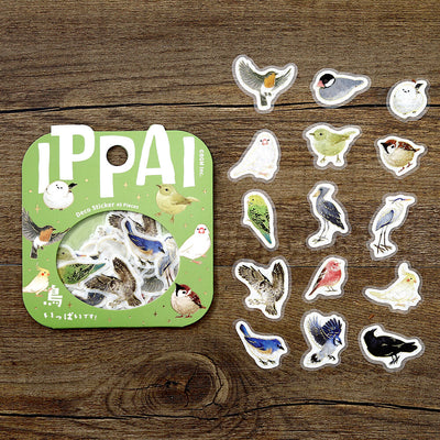Set of bird-themed stickers on a wooden surface with 'IPPAI' packaging.