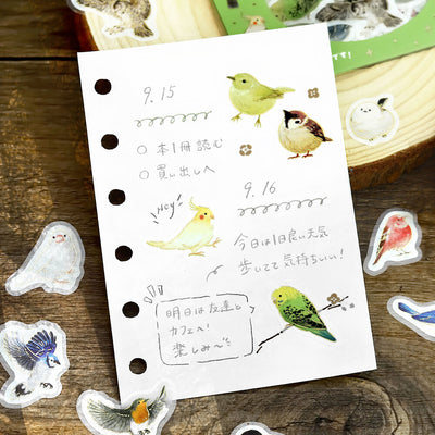 Sheet of stickers with bird designs on a wooden surface
