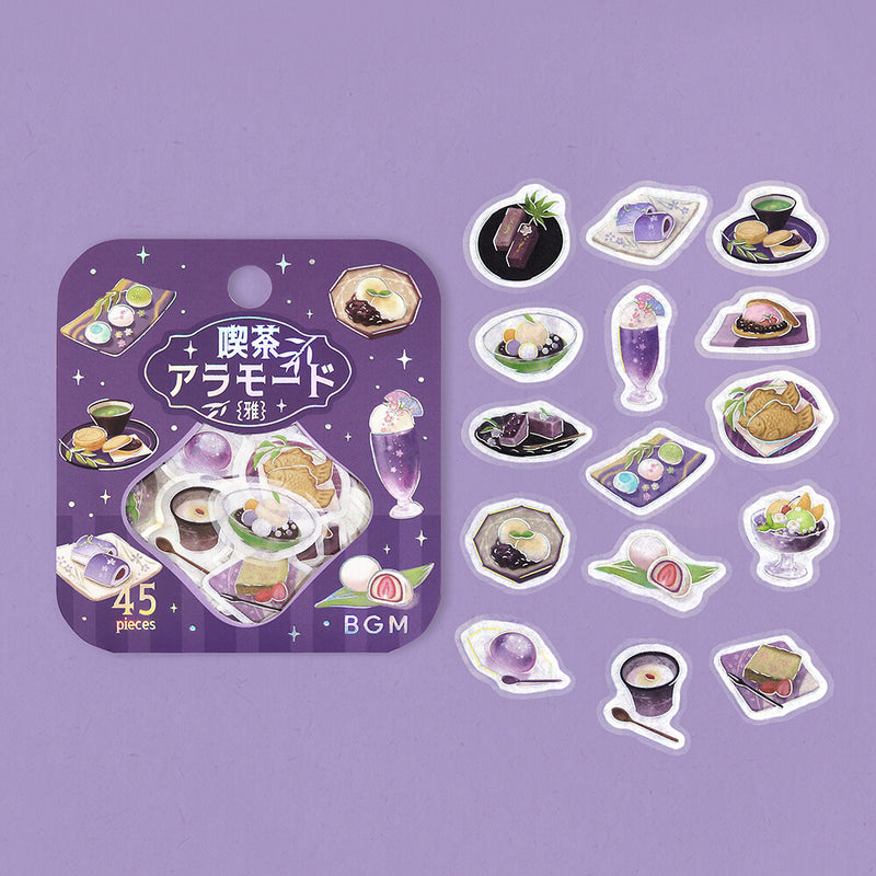Sticker set with food illustrations on a purple card against a purple background