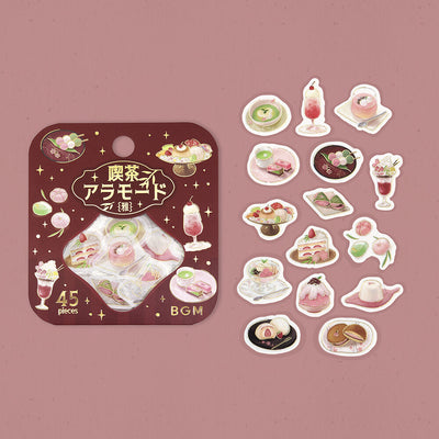 Sticker set with illustrations of Japanese sweets on a pink background