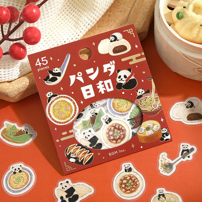 Packaging of panda-themed stickers with panda illustrations on a red background