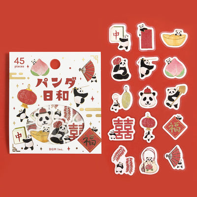 Sticker set with panda illustrations on a red background