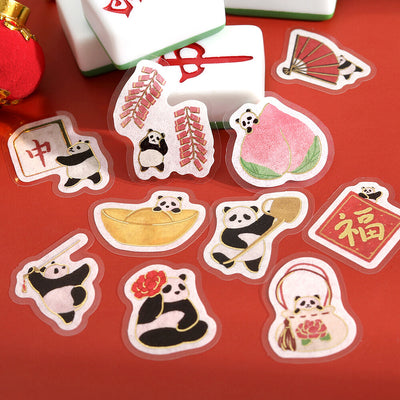 Set of decorative stickers featuring pandas and Chinese characters on a red background