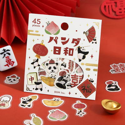 Packaging of panda-themed stickers with panda illustrations on a red background