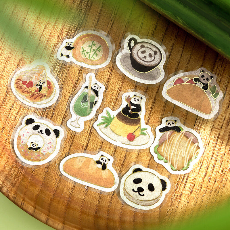 Set of cute food-themed stickers with panda characters on a wooden surface