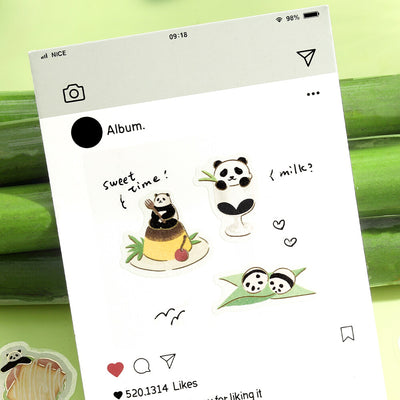 Illustrations of pandas with food items on a digital interface with a green background