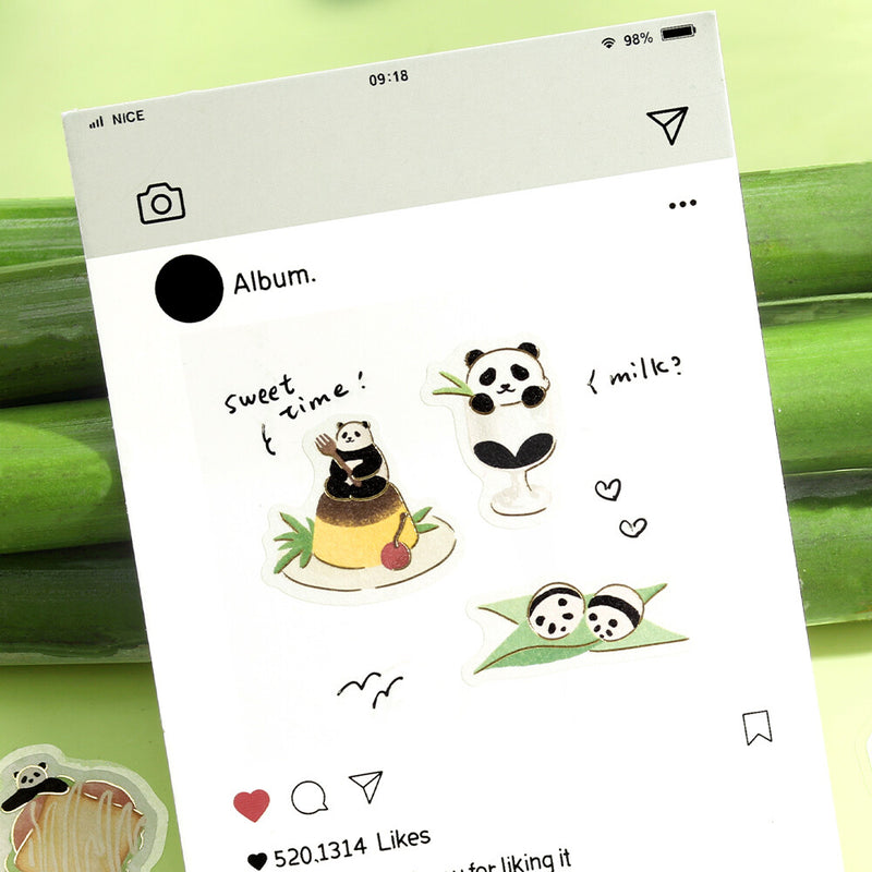 Illustrations of pandas with food items on a digital interface with a green background