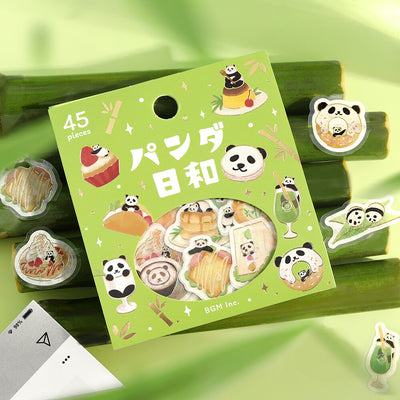Pack of panda-themed stickers with a green label on a green background