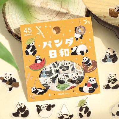 Pack of panda-themed stickers with a yellow box on a light background