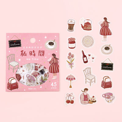 Sticker set with illustrations of a girl, tea set, and other objects on a pink background