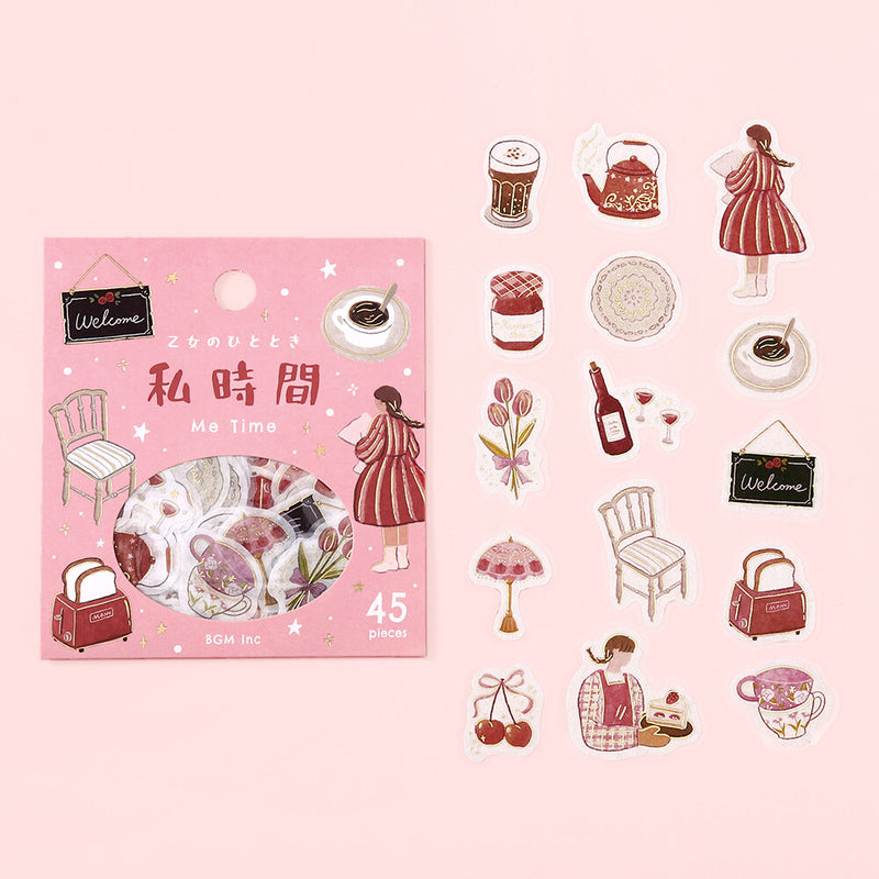 Sticker set with illustrations of a girl, tea set, and other objects on a pink background