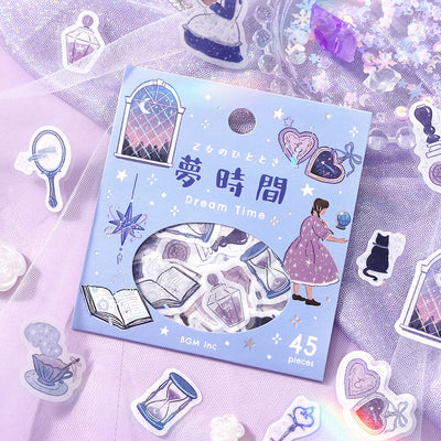 Sticker book titled 'Dream Time' with various stickers on a matching purple background