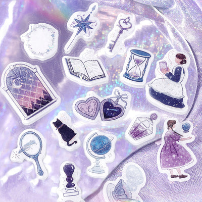 Collection of purple-themed stickers on a matching background