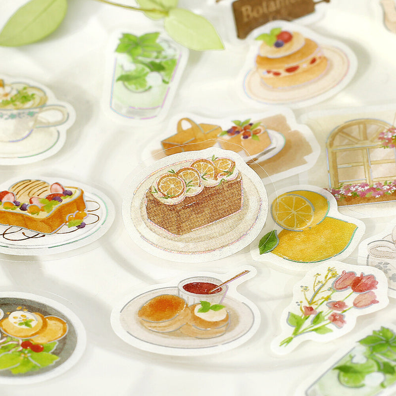Set of decorative stickers featuring food items and nature elements on a white background.