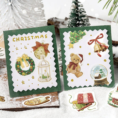 Two Christmas-themed greeting cards with festive illustrations on a snowy background.