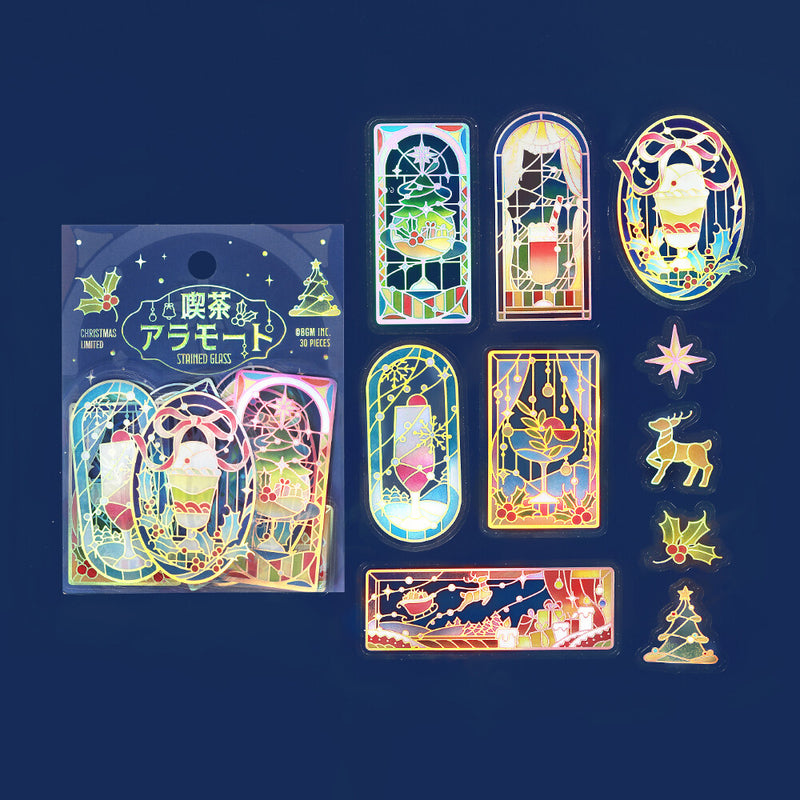 Set of Christmas-themed stickers with decorative designs on a dark blue background