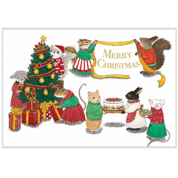 Illustration of animals around a Christmas tree with &
