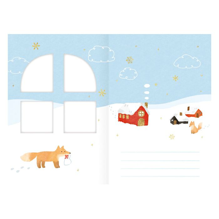 Illustration of a snowy landscape with a fox, houses, and clouds on a blue sky background.