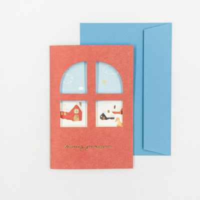 Greeting card with window design and blue envelope on a white background