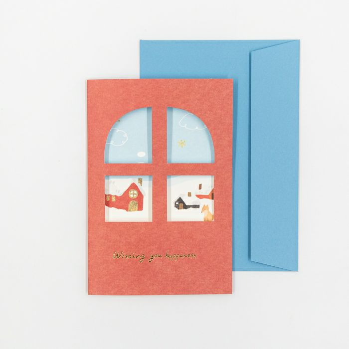 Greeting card with window design and blue envelope on a white background