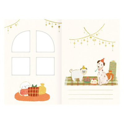 Illustration of two dogs in a festive setting with lights and presents.