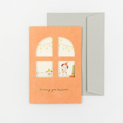 Greeting card with window design and dog illustrations on an orange background