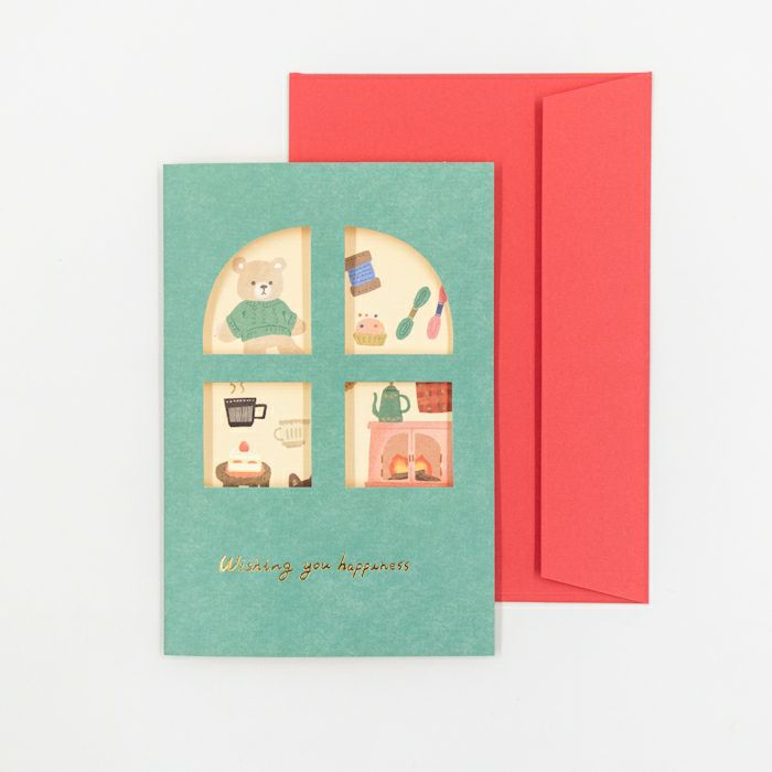 Greeting card with illustrations and a red envelope on a light gray background